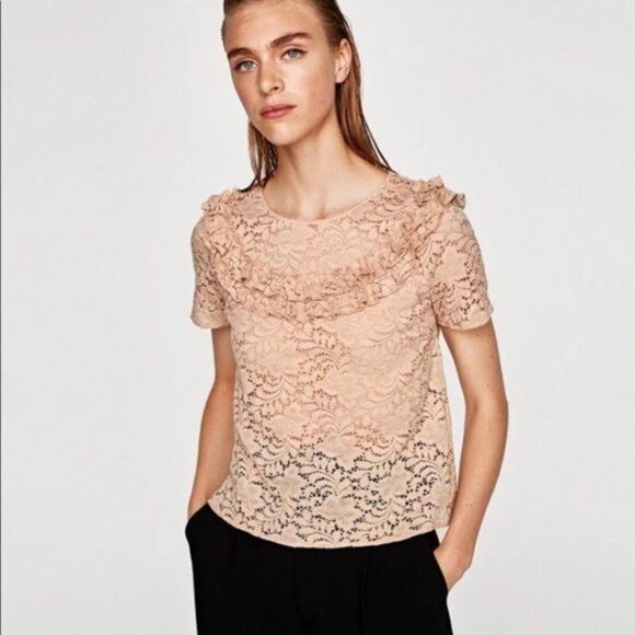 Zara Guipure Lace Ruffled Top in Pink Large - Picture 3 of 7